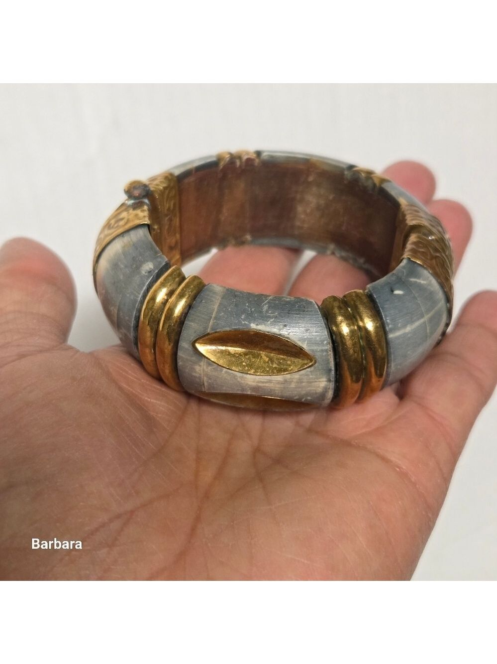 Vintage 70s Bark Hor Tibetan Wood and Brass Hinged Bracelet
